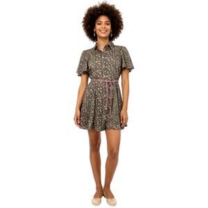 Blush Womens Green Floral Belted Button Down Mini Shirt Dress Fit & Flare Small